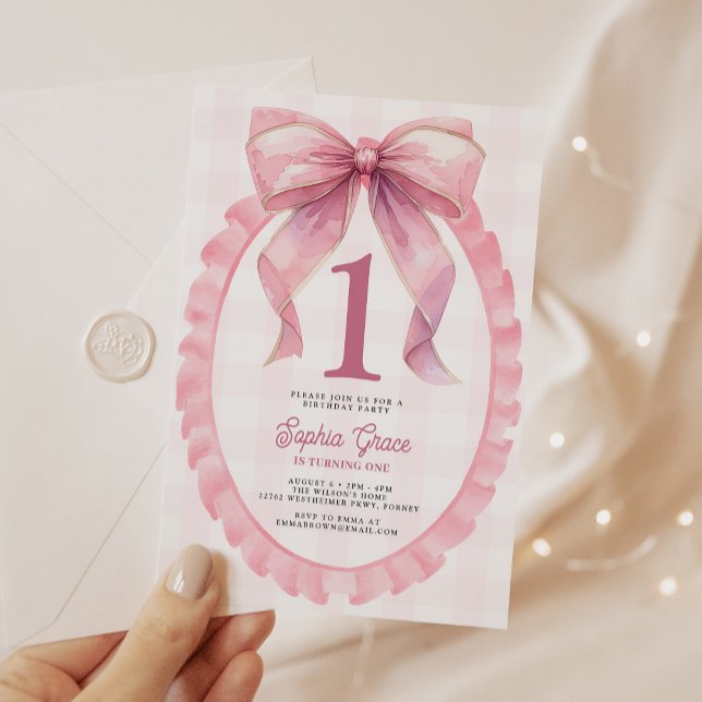 Invitación Cute Pink Bow Coquette primer cumpleaños (Subido por el creador)