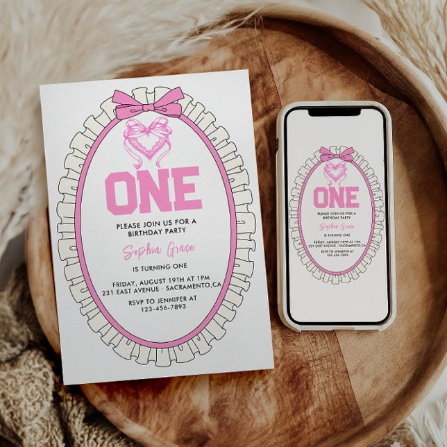 Invitación Cute Pink Bow Coquette primer cumpleaños (Subido por el creador)