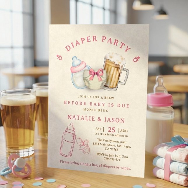Invitación Cute Pink Bow Diaper Beer Baby Shower (Cute Pink Bow Diaper Beer Baby Shower Invitation)