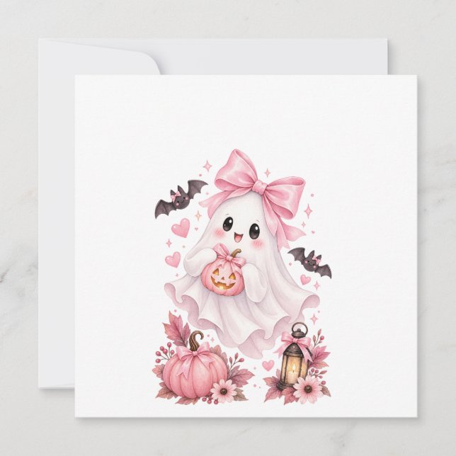 Invitación Cute Pink Bow Fantasma Halloween Sticker (Anverso)