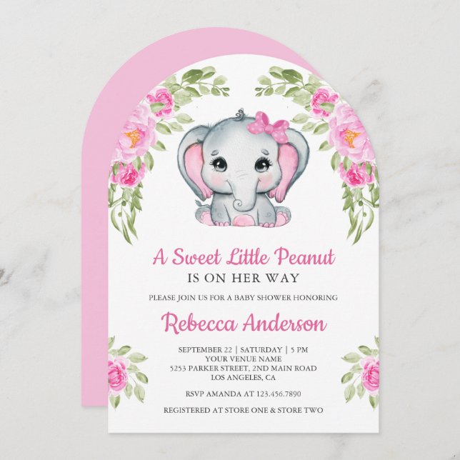 Invitación Cute Pink Bow Floral Elephant Baby Shower (Anverso / Reverso)