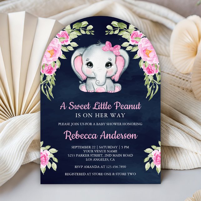 Invitación Cute Pink Bow Floral Elephant Navy Baby Shower (Subido por el creador)