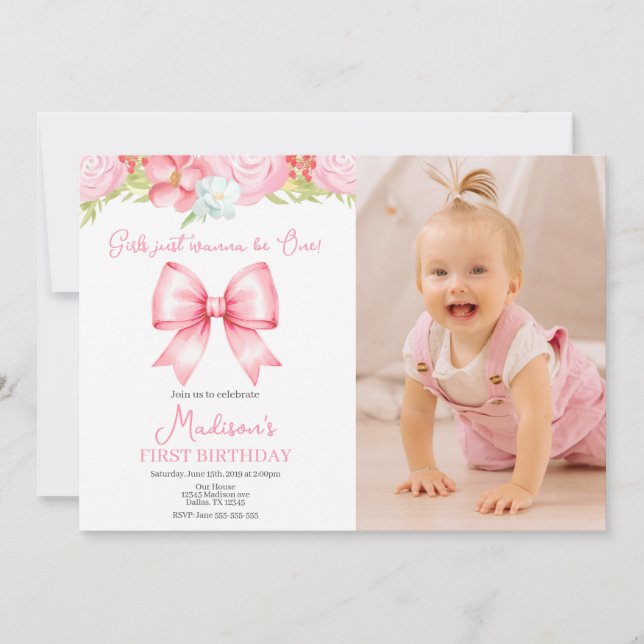 Invitación Cute Pink Bow Girl First Birthday Photo Invitation (Anverso)