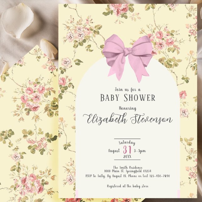 Invitación Cute Pink Bow Girly Floral Yellow Baby Shower (Subido por el creador)