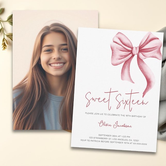 Invitación Cute Pink Bow Girly Sweet Dieciséis Fotos Cumpleañ (Subido por el creador)