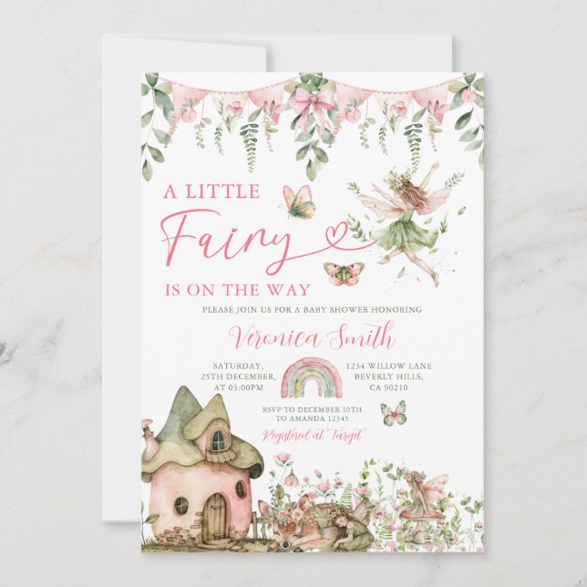 Invitación Cute Pink Bow Little Fairy Wildflowers Baby Shower (Anverso)