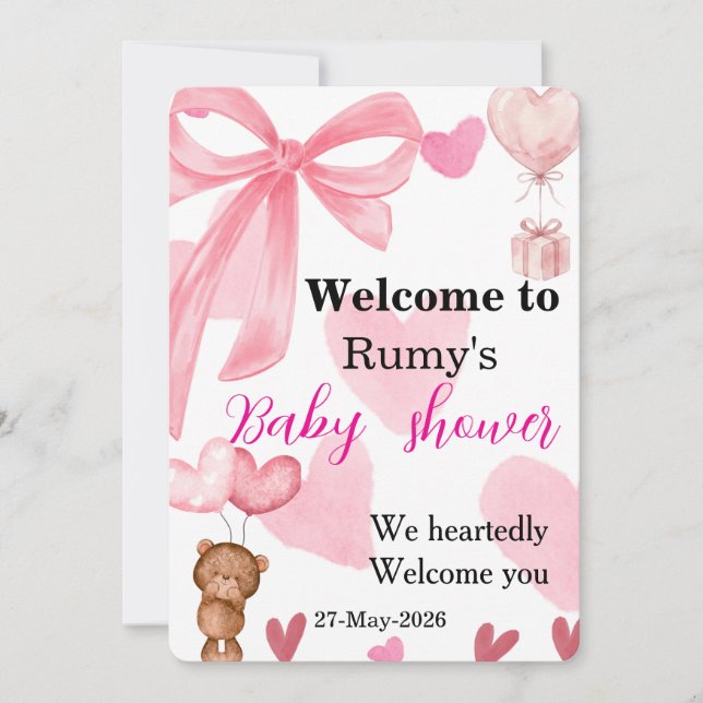 Invitación Cute Pink Bow Teddy Bear Shower Welcome (Anverso)