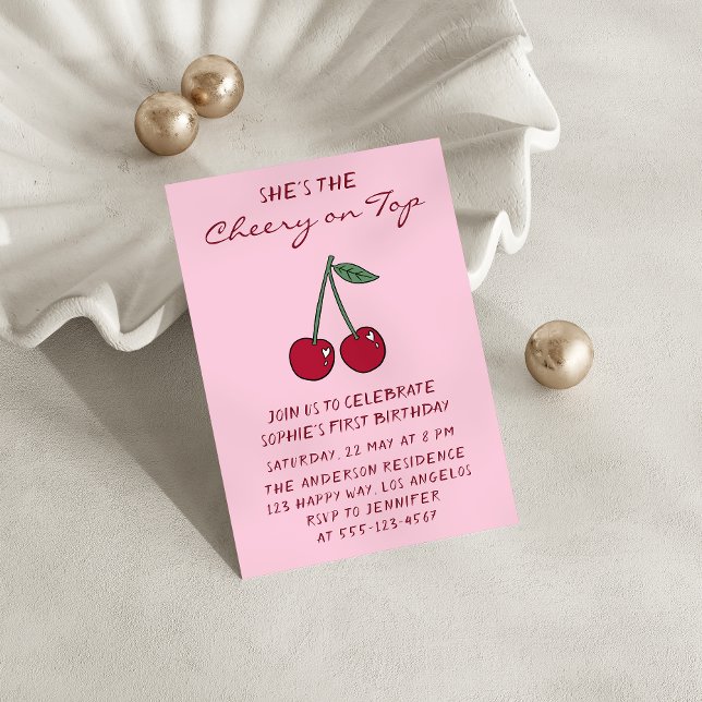 Invitación Cute Pink Cherry on Top First Birthday (Subido por el creador)