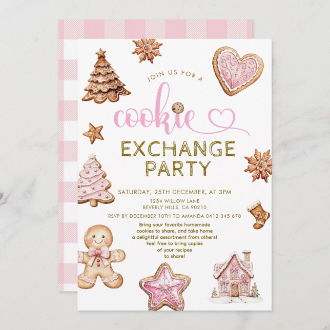 Invitación Cute Pink Christmas Cookie  Exchange Party  (Anverso / Reverso)