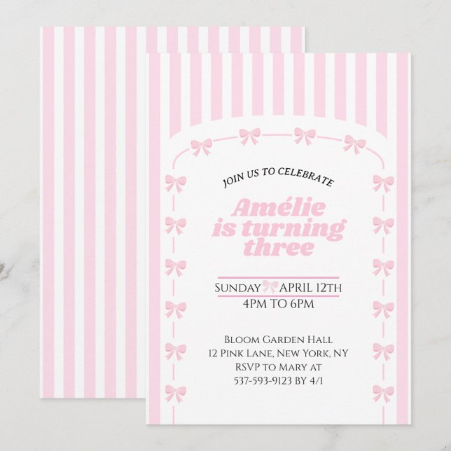 Invitación Cute Pink Coquette Bow 3rd Birthday Girl  (Anverso / Reverso)