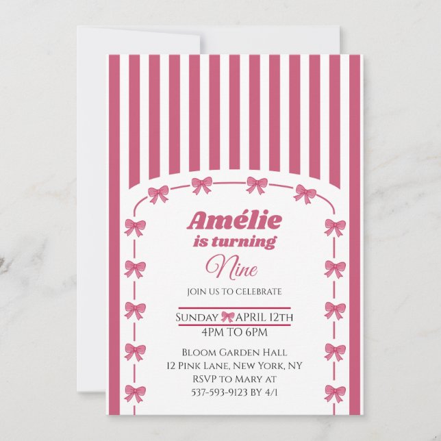 Invitación Cute Pink Coquette Bow Girl 9th Birthday  (Anverso)