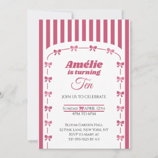 Invitación Cute Pink Coquette Bow Girl Tenth Birthday 