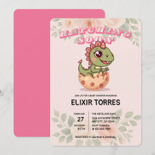 Invitación Cute Pink Dino Hatching Soon