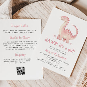 Invitación Cute Pink Dinosaur Código QR Girl Baby Shower
