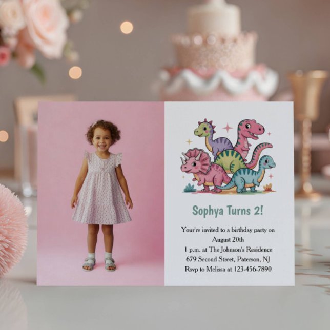 Invitación Cute Pink Dinosaur Photo Kids 2nd Birthday Party (Subido por el creador)