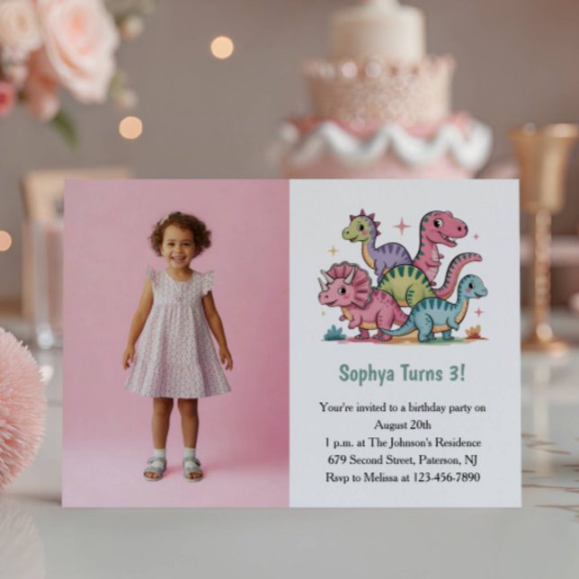 Invitación Cute Pink Dinosaur Photo Kids 3rd Birthday Party (Subido por el creador)
