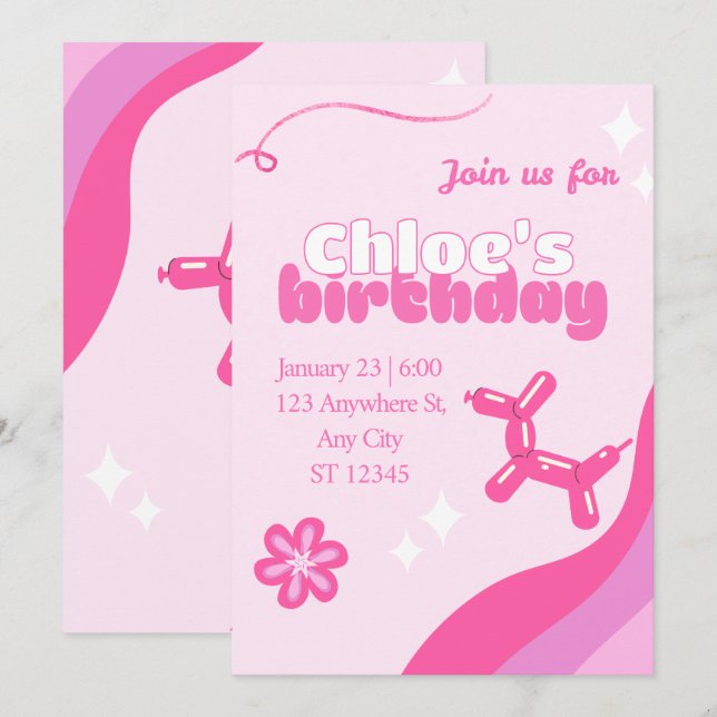 Invitación Cute pink editable birthday invite (Anverso / Reverso)