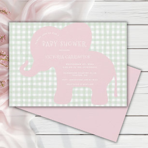 Invitación Cute Pink Elephant Green Gingham Baby Shower