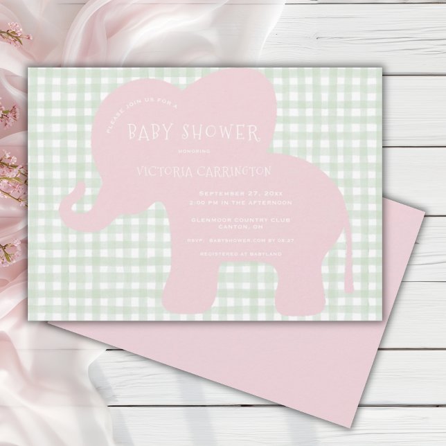 Invitación Cute Pink Elephant Green Gingham Baby Shower (Subido por el creador)