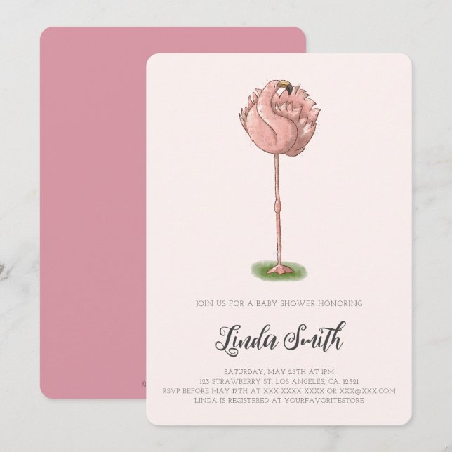 Invitación Cute Pink Flamingo Girl Baby Shower (Anverso / Reverso)
