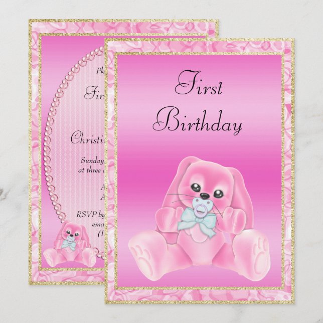 Invitación Cute Pink Floppy Oars Bunny Primer cumpleaños (Anverso / Reverso)