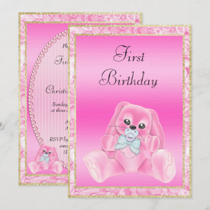 Invitación Cute Pink Floppy Oars Bunny Primer cumpleaños