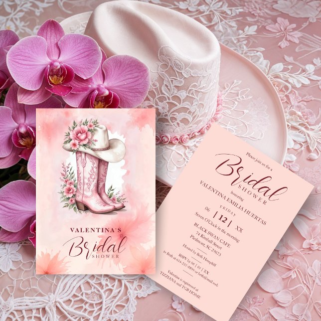 Invitación Cute Pink Floral Cowgirl Hat & Boots Bridal Shower (Cute Pink Floral Cowgirl Hat & Boots Bridal Shower Invitations Cards. )