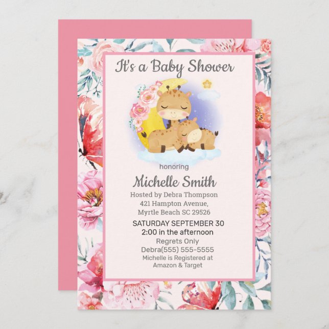 Invitación Cute Pink Floral Giraffe Mom Baby Shower (Anverso / Reverso)