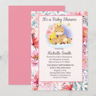 Invitación Cute Pink Floral Giraffe Mom Baby Shower