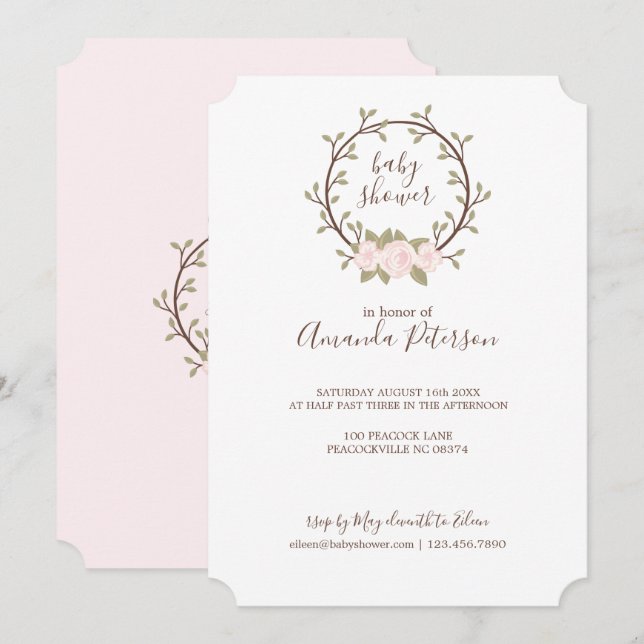 Invitación Cute Pink Floral Wreath Baby Shower (Anverso / Reverso)