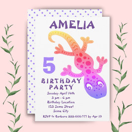 Invitación Cute Pink Gecko Lizard Girls Birday Party Invita