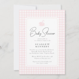 Invitación Cute Pink Gingham Swan Simple Baby Shower
