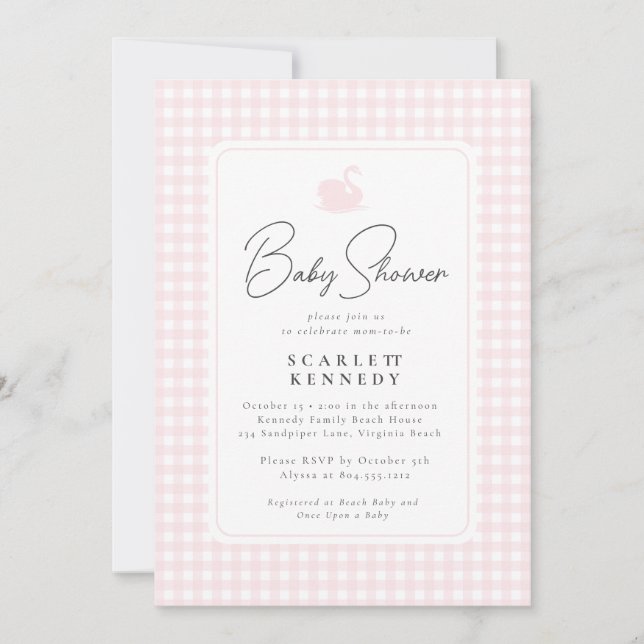 Invitación Cute Pink Gingham Swan Simple Baby Shower (Anverso)