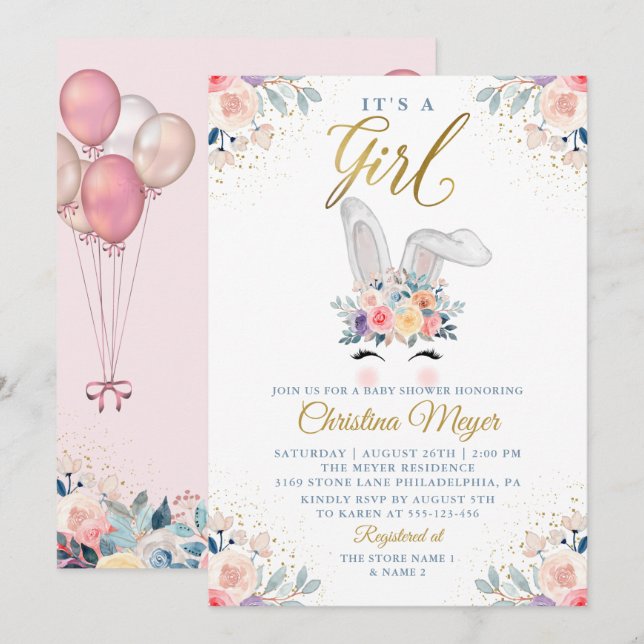 Invitación Cute Pink Gold Bunny Flloon Balloon Baby Shower (Anverso / Reverso)