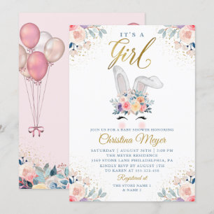 Invitación Cute Pink Gold Bunny Flloon Balloon Baby Shower