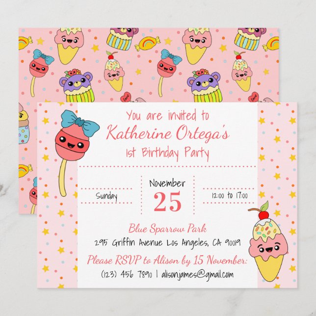 Invitación Cute Pink Kawaii Dulces Feliz Fiesta de primer cum (Anverso / Reverso)
