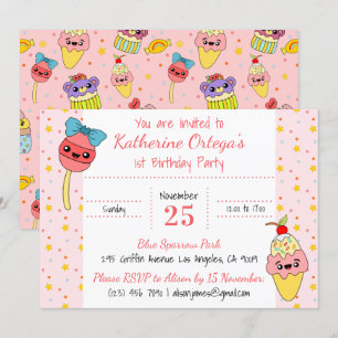 Invitación Cute Pink Kawaii Dulces Feliz Fiesta de primer cum