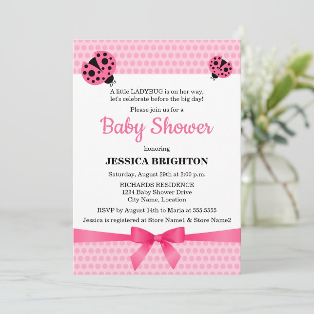 Invitación Cute Pink Ladybug Baby Shower (Anverso de pie)