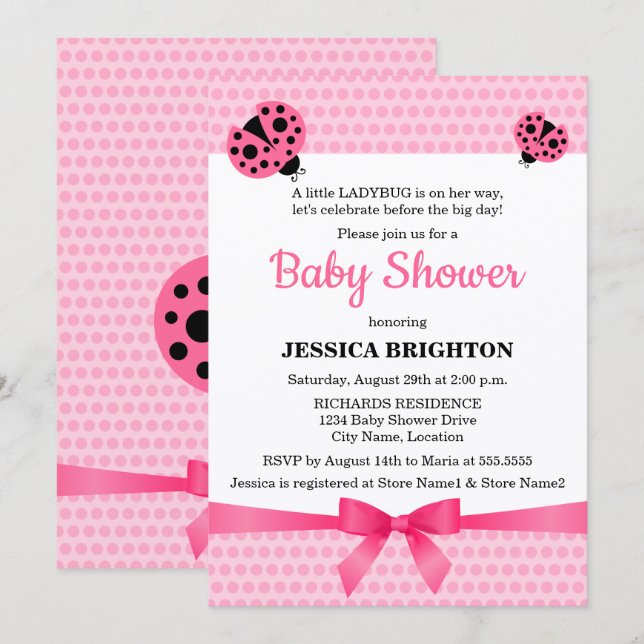 Invitación Cute Pink Ladybug Baby Shower (Anverso / Reverso)