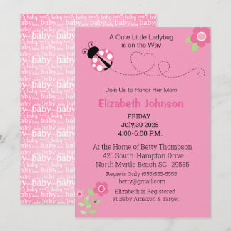 Invitación Cute Pink Ladybug Floral Baby Shower