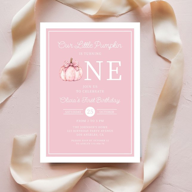 Invitación Cute Pink Little Pumpkin 1st Birthday (Cute Pink Little Pumpkin 1st Birthday Invitation)