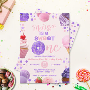 Invitación Cute Pink Morple Sweet One Chica primer cumpleaños