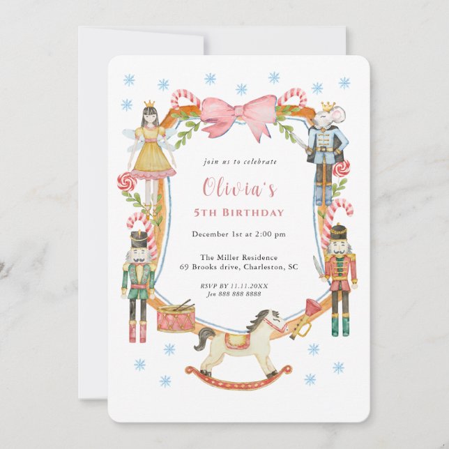 Invitación Cute Pink Nutcracker Christmas Girl Birthday  (Anverso)
