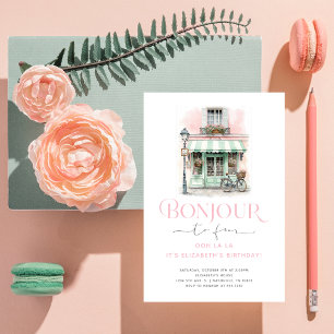 Invitación Cute Pink Paris Bonjour para Cumpleaños Cuatro 4