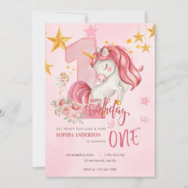 Invitación Cute Pink Pastel Unicorn 1st Birthday Invitation