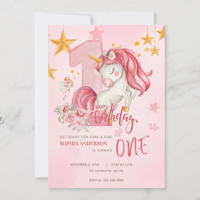 Invitación Cute Pink Pastel Unicorn 1st Birthday Invitation (Anverso)