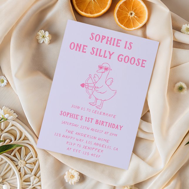 Invitación Cute Pink & Purple Silly Goose 1st Birthday (Subido por el creador)