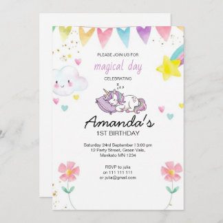 Invitación Cute Pink Purple Unicorn Confetti Birthday Party