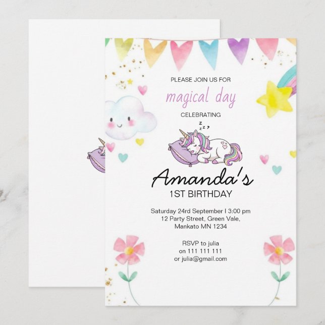 Invitación Cute Pink Purple Unicorn Confetti Birthday Party (Anverso / Reverso)