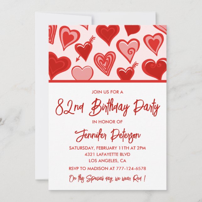 Invitación Cute Pink Red Hearts Pattern 82 cumpleaños (Anverso)